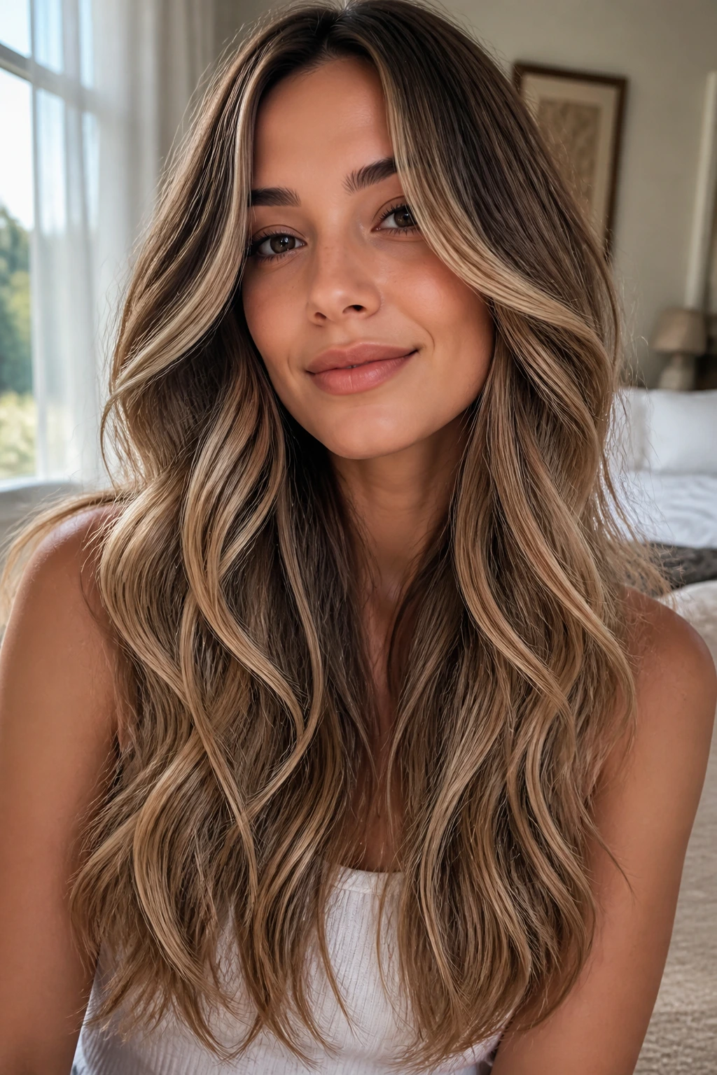 Close-up of long balayaged hair on a real person in a sunlit bedroom