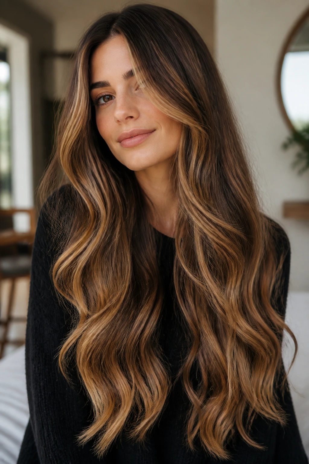 Close-up of long hair with caramel balayage ribbons and face-framing pieces on a real woman