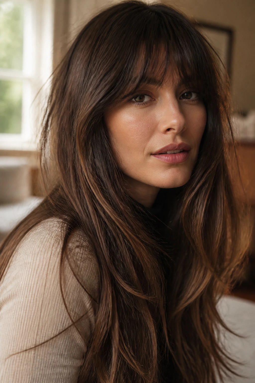 Close-up of a real woman with long hair and fringe integrated with length, warm window light