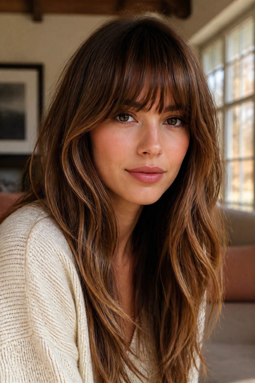 Close-up of long hair with bangs on a real person