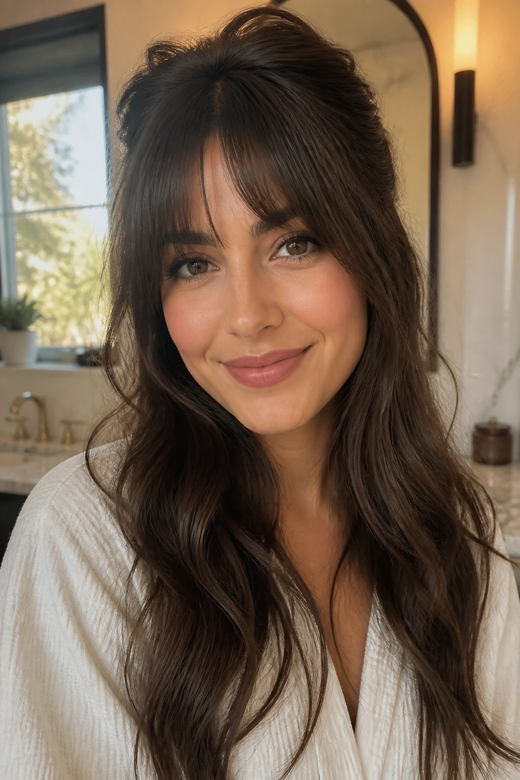 Portrait of a real woman with long hair and bangs styling for a round face
