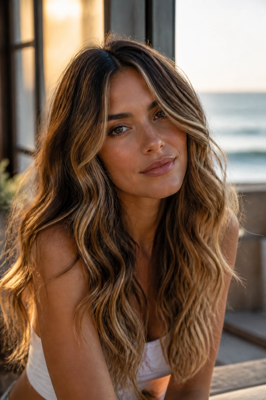 Close-up of a real woman with long wavy hair showing improved beach waves with length and layers