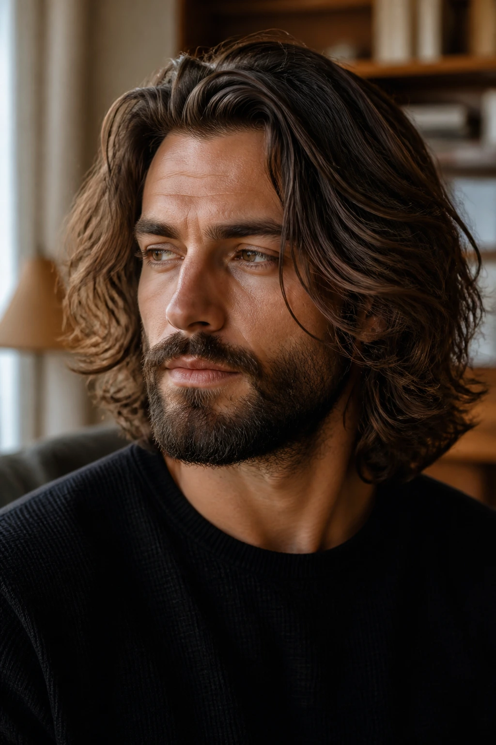 Close-up portrait of a real man with shoulder-length wavy hair and a neatly trimmed beard in a cozy living room