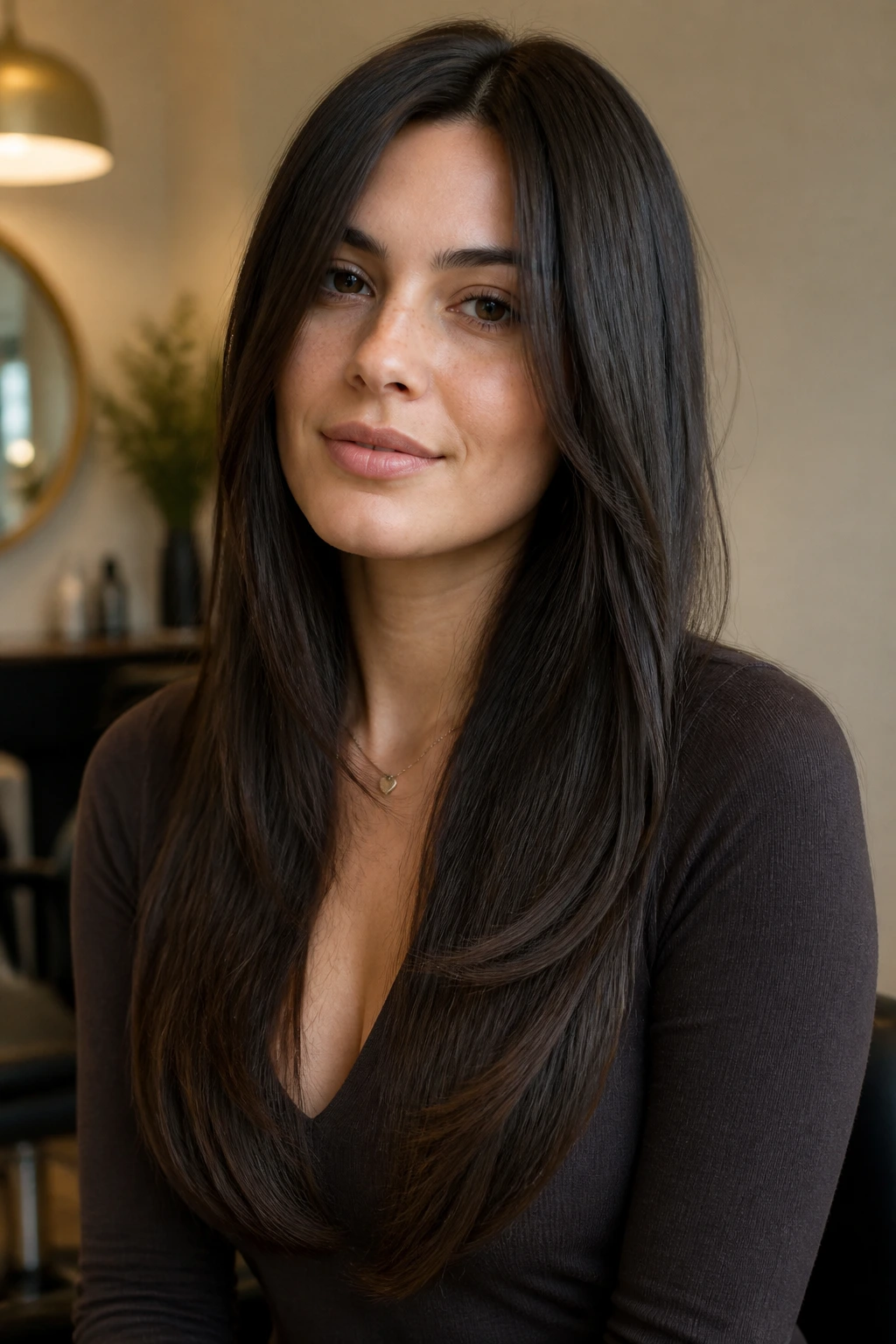 Close-up of a real woman with long straight hair showing a subtle bend at the ends