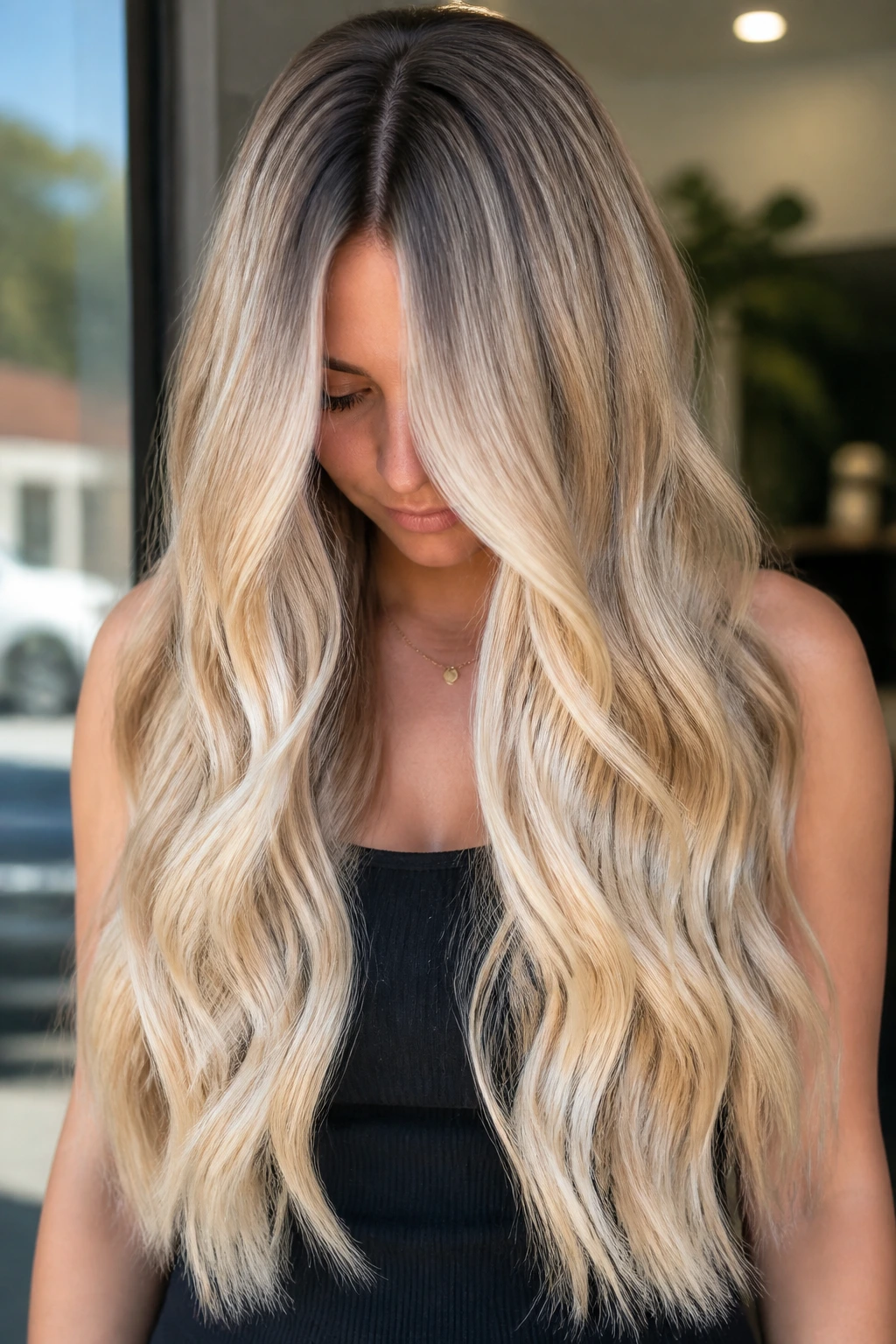 Close-up of long blonde hair showing root depth and gradient along length
