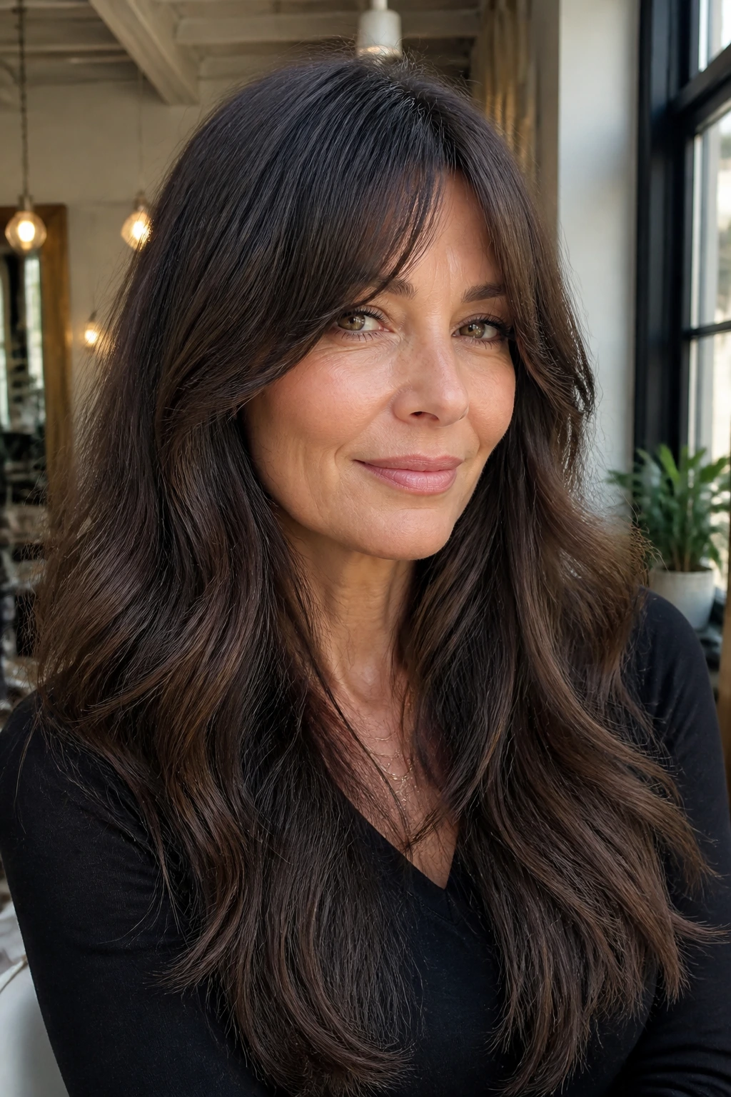 Close-up of long thick hair with bottleneck bangs framing the face in natural light.
