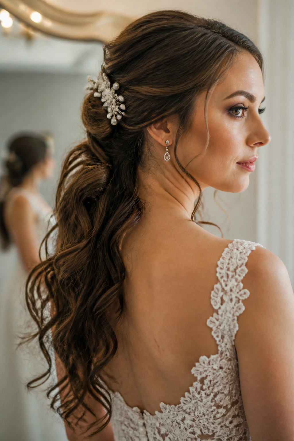Bride with long hair showing weight effect on curls