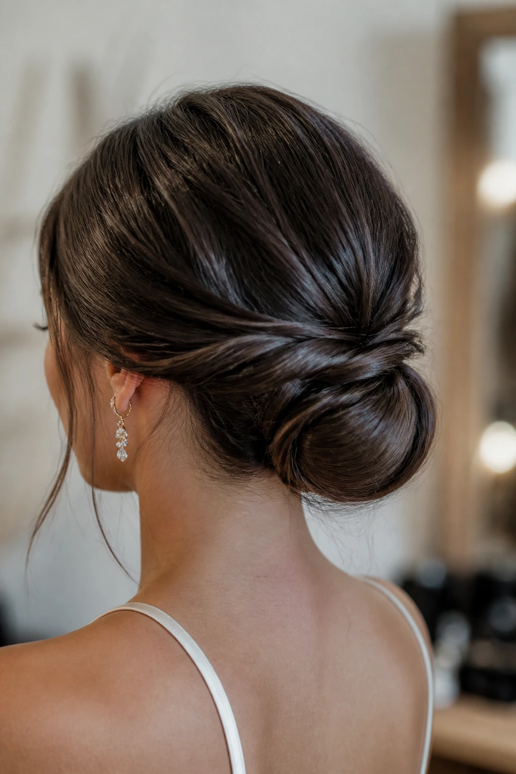 Close-up of a real woman's long hair styled into a low, layered bun at the nape