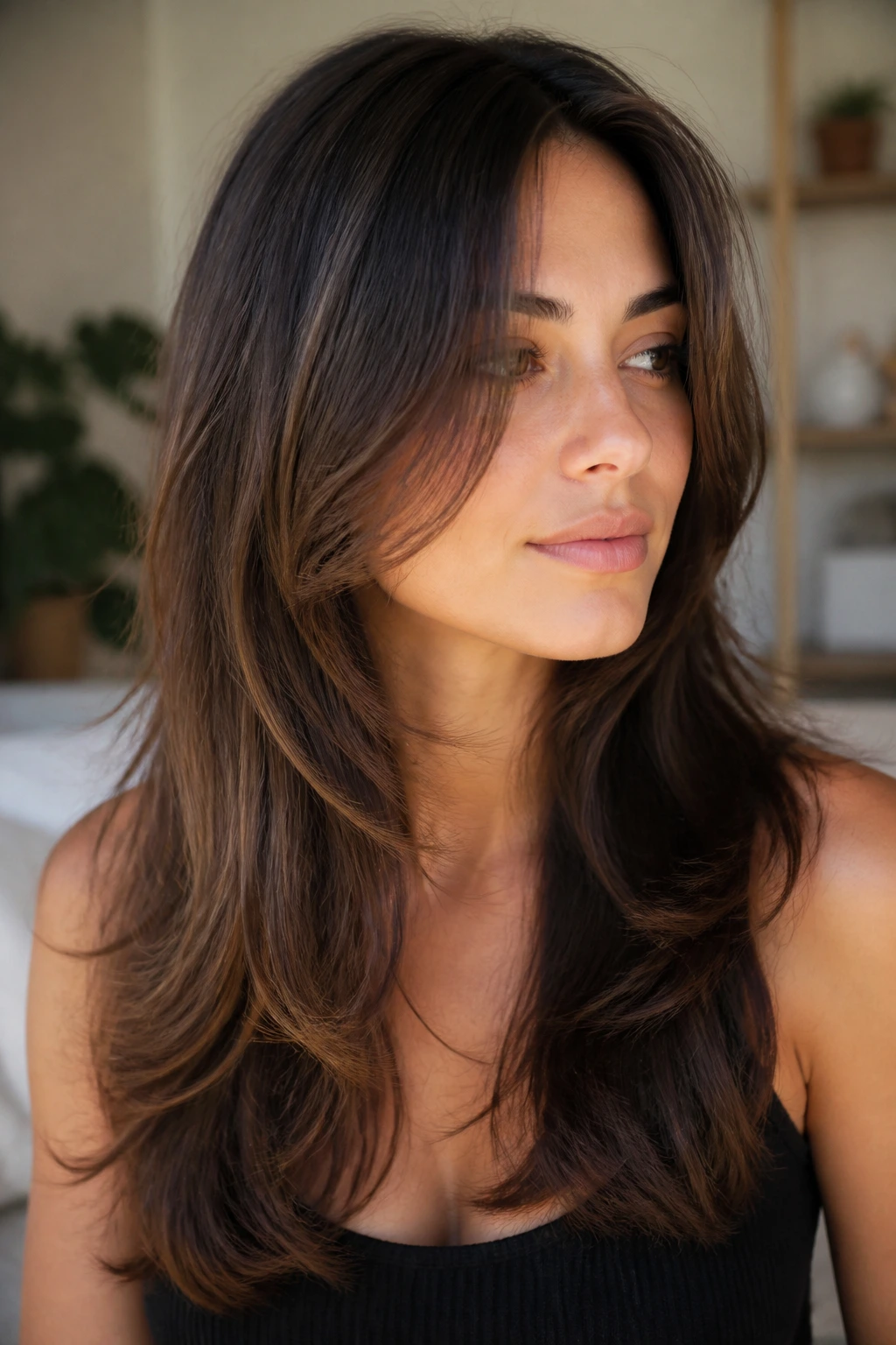 Close-up portrait of a woman with chin-grazing layers in long hair