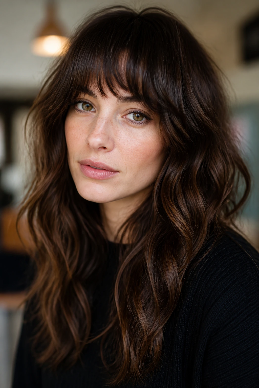 Real person with long hair and choppy bangs in a natural light setting
