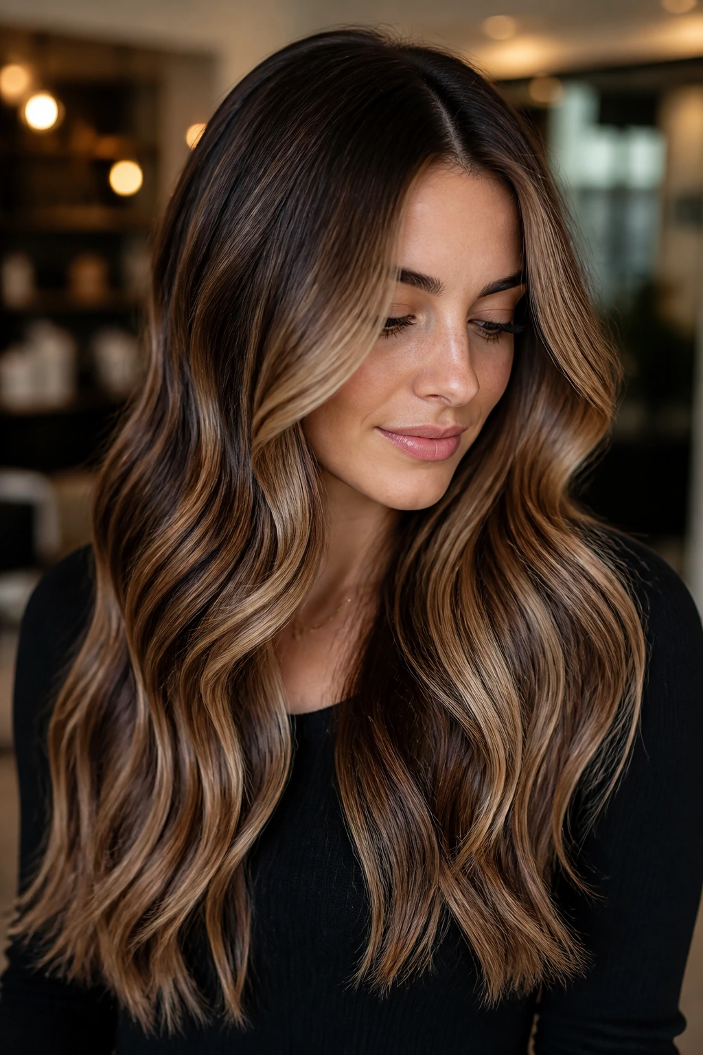 Real person with long glossy hair showing color ribbons