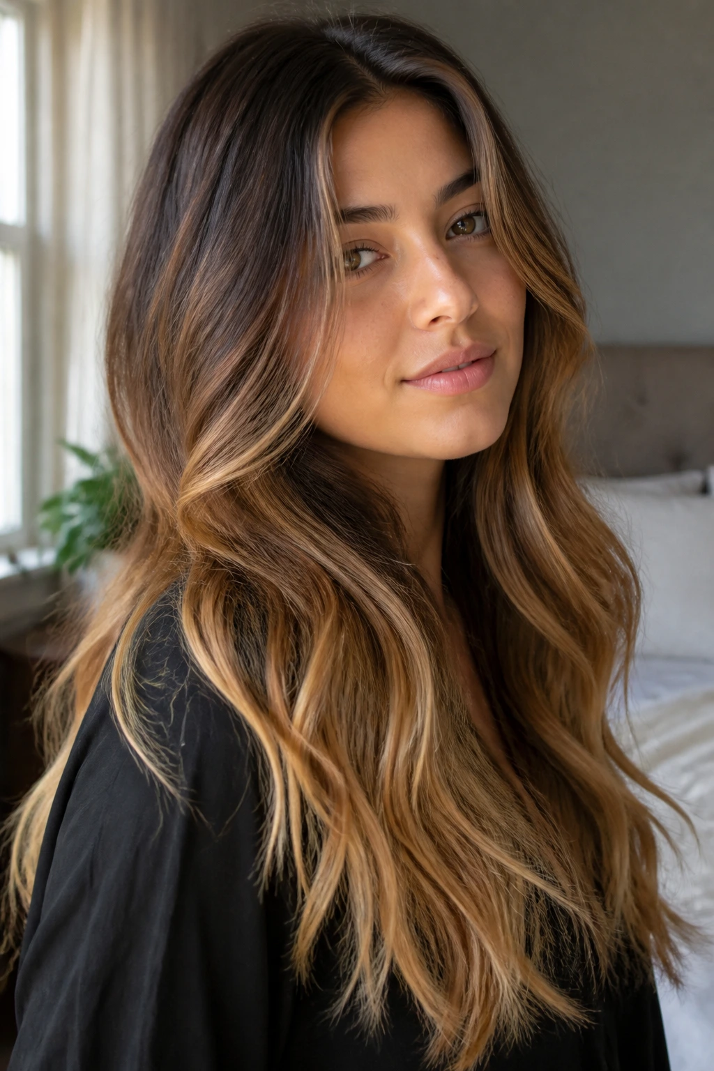 Close-up of long hair with a smooth root-to-tip color transition in warm window light