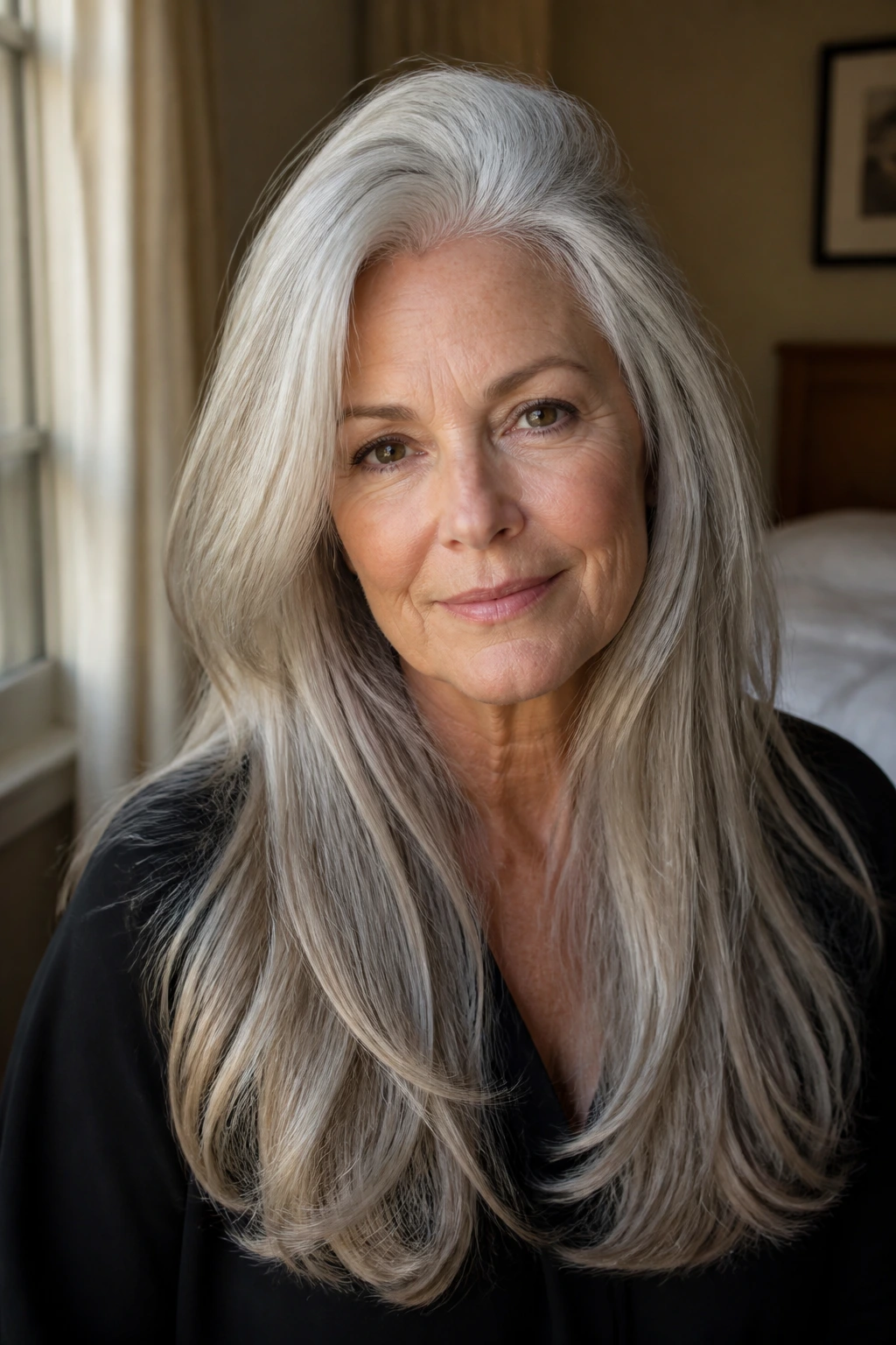 Close-up portrait of a real woman with long hair showing crown lift and clean ends in warm natural light