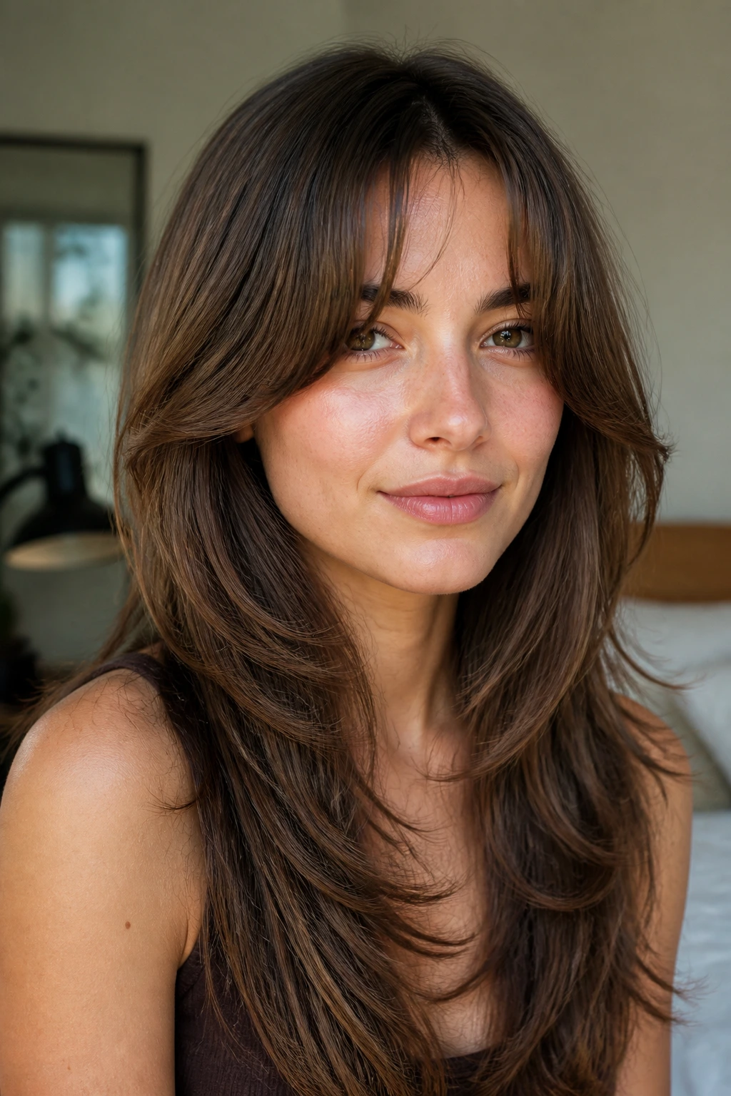 Close-up portrait of a person with long layered hair and curtain bangs