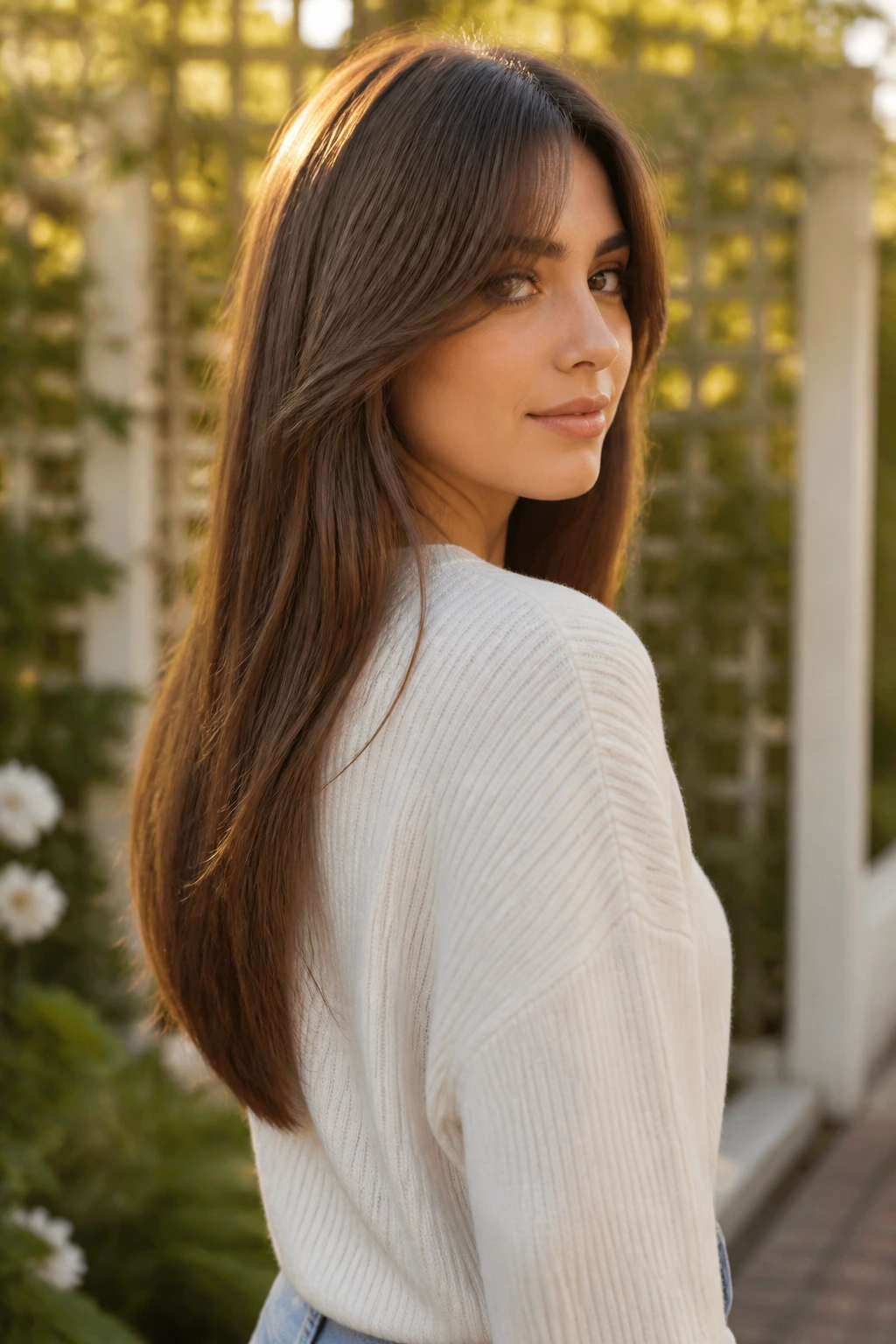 Portrait of a real person with long hair and a soft V-shaped back