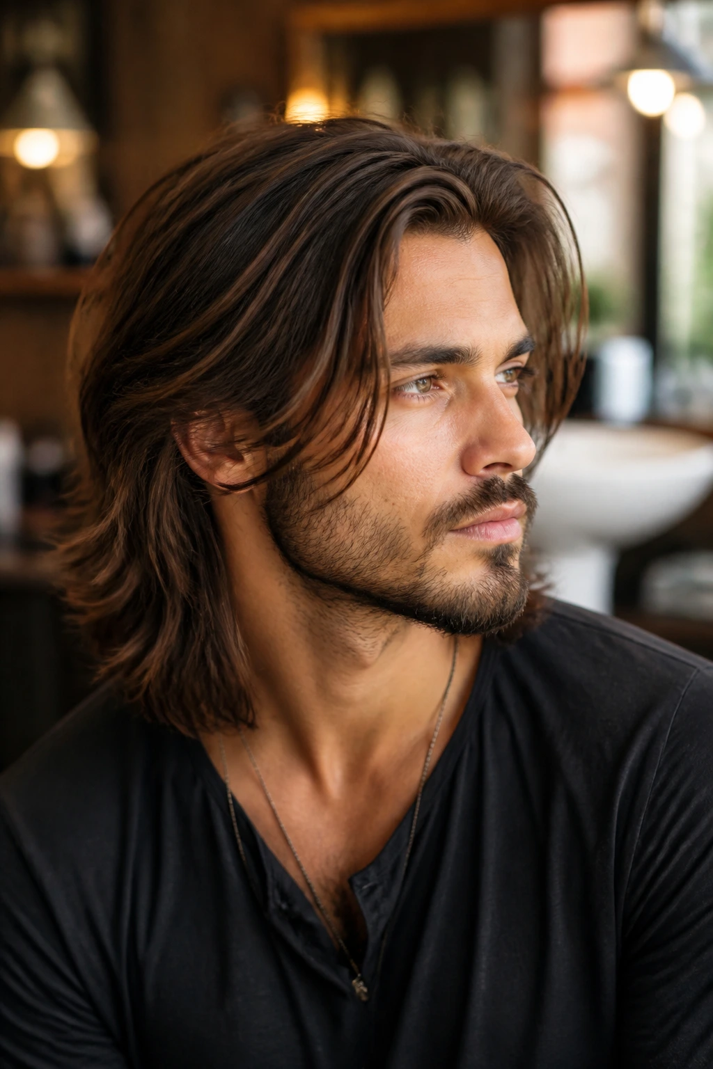 Close-up portrait of a man with a well-defined long haircut highlighting jawline and neck