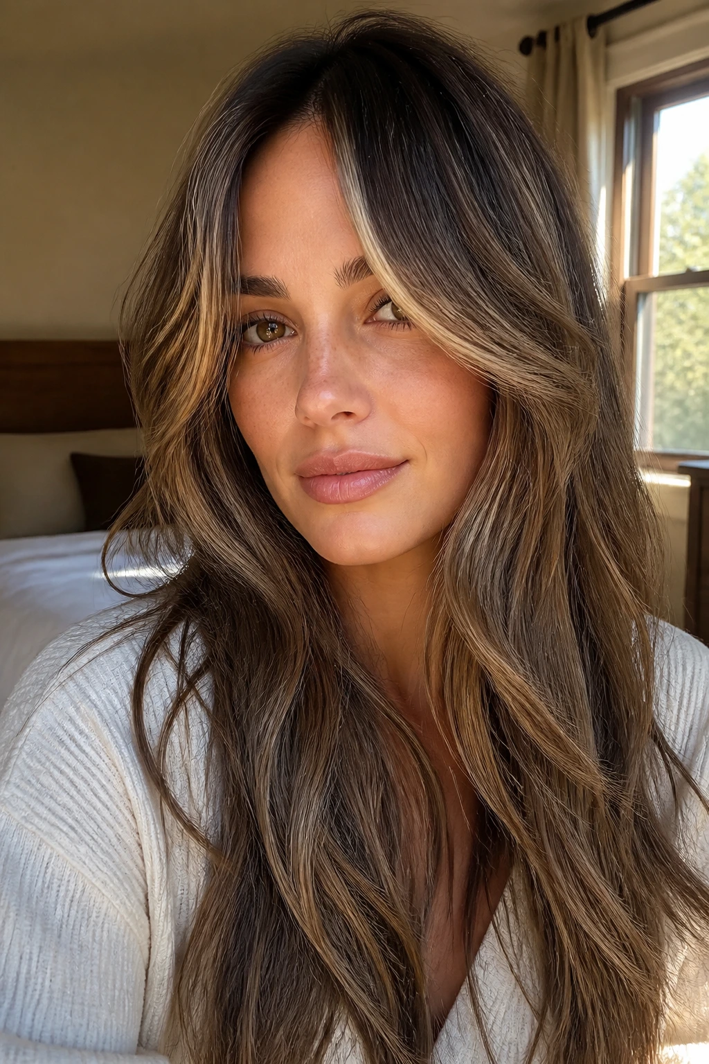 Close-up of a real woman with long hair and face-frame curtain bangs