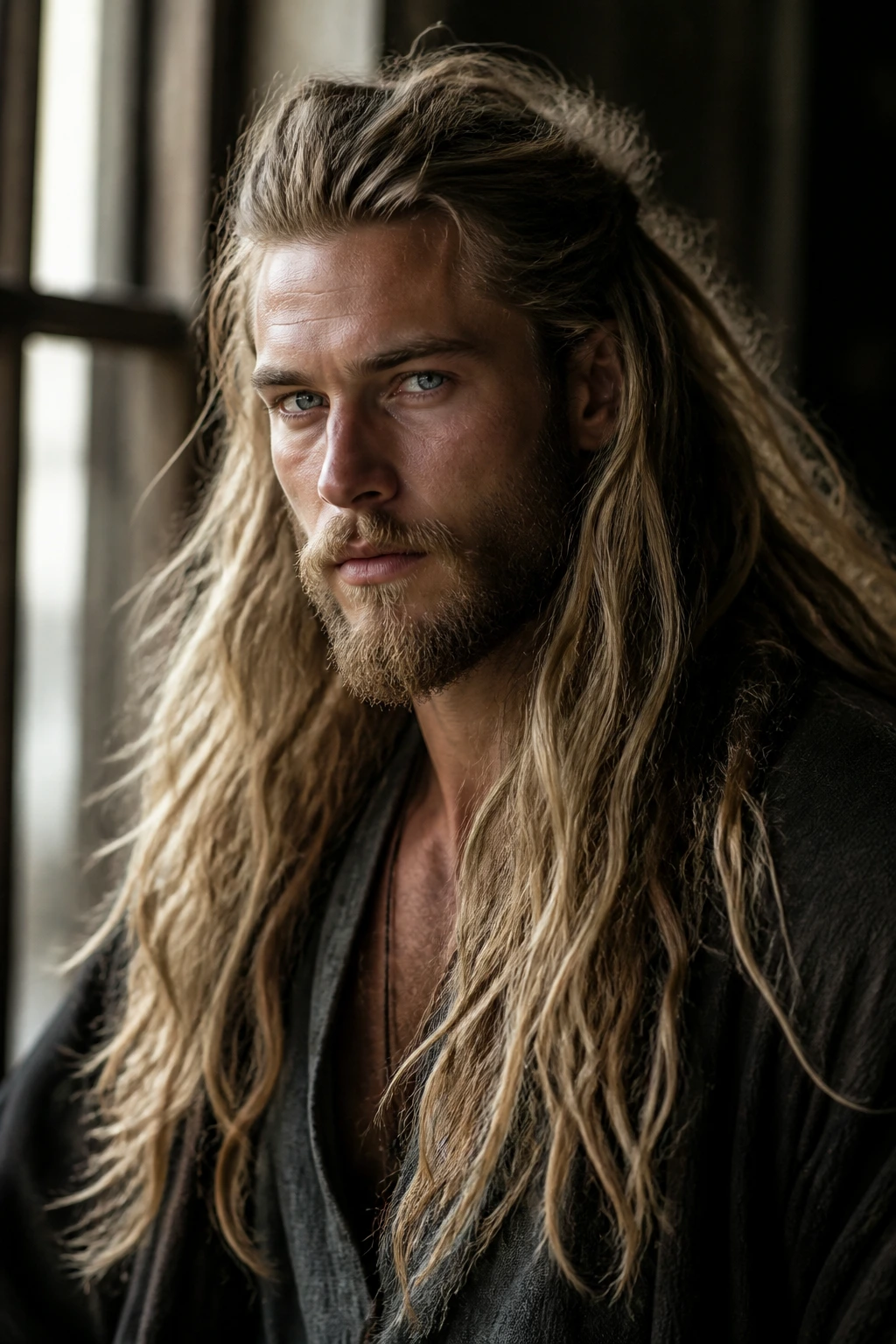 Portrait of a man with long hair flowing freely, minimal or hidden tie.