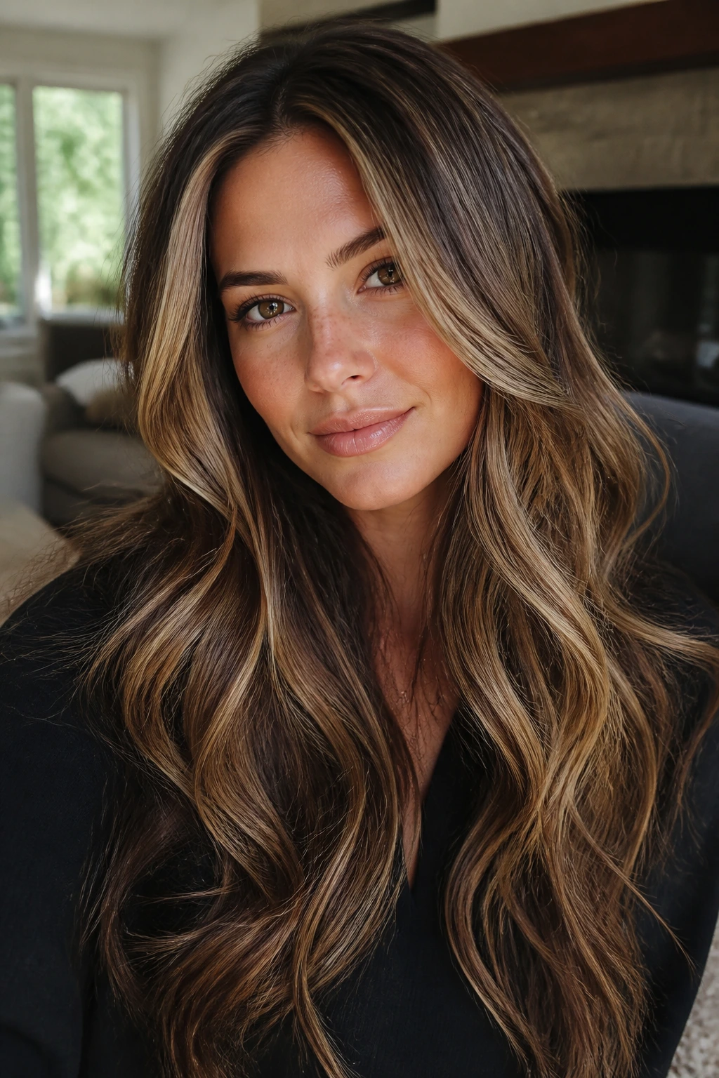 Close-up of long hair showing face-brightening highlight placement and root depth