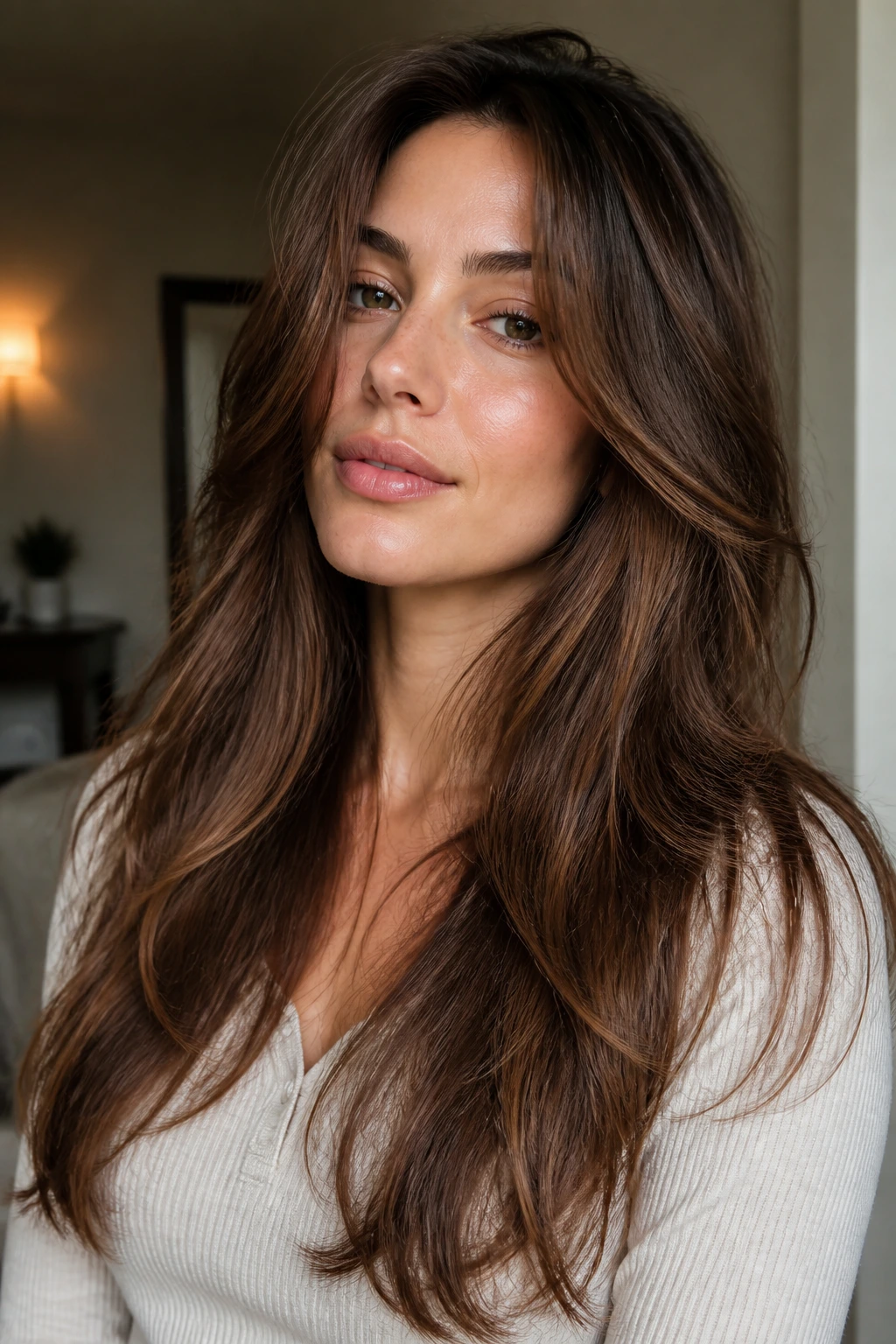 Close-up of a real woman with long hair styled to show shape and movement.
