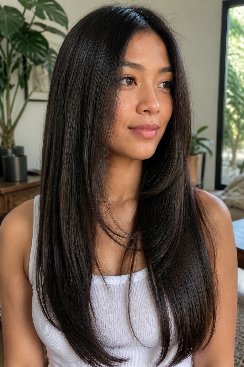 Close-up of a woman with long hair and barely visible layers in friendly home light