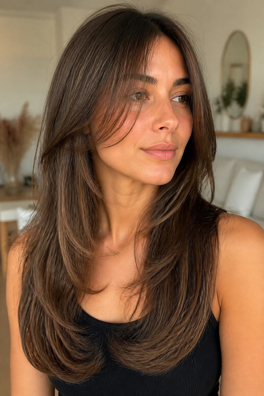 Portrait of a woman with long U-shaped layered hair and curtain wisps around the cheeks.