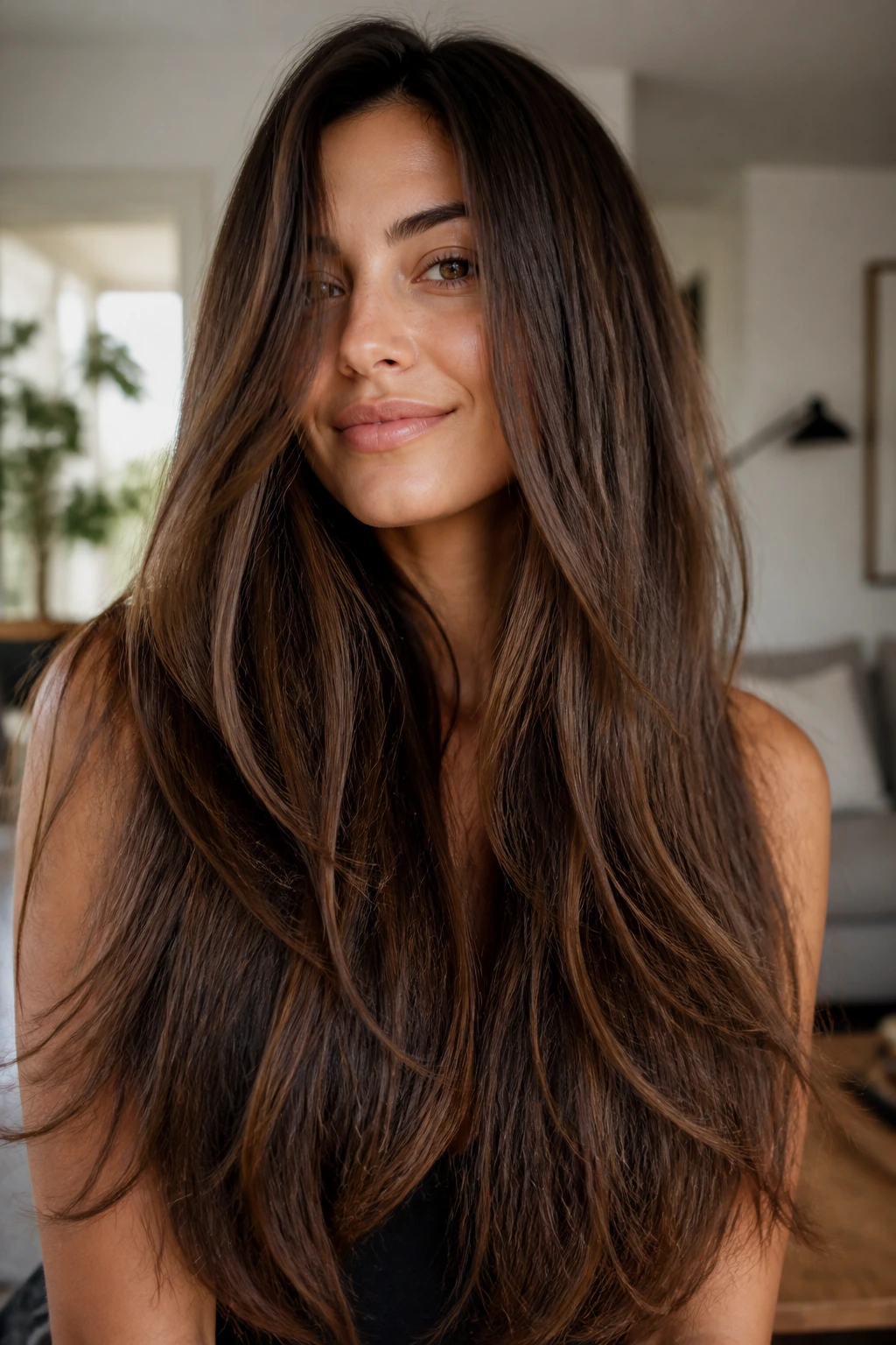 Close-up of a real person with long layered hair showing interior texture and motion