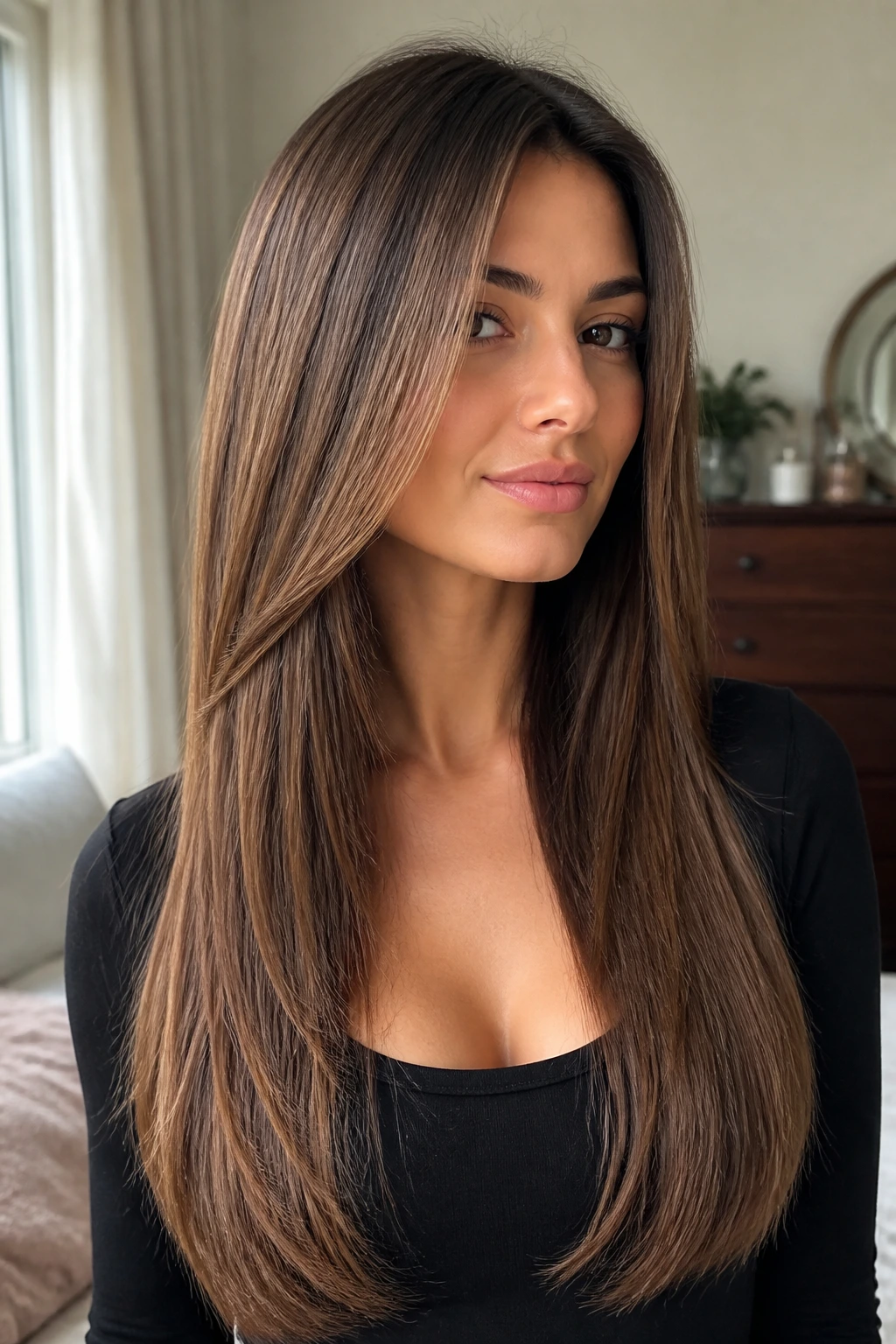 Close-up of a woman with long straight hair showing soft front layers and beveled ends in natural light.