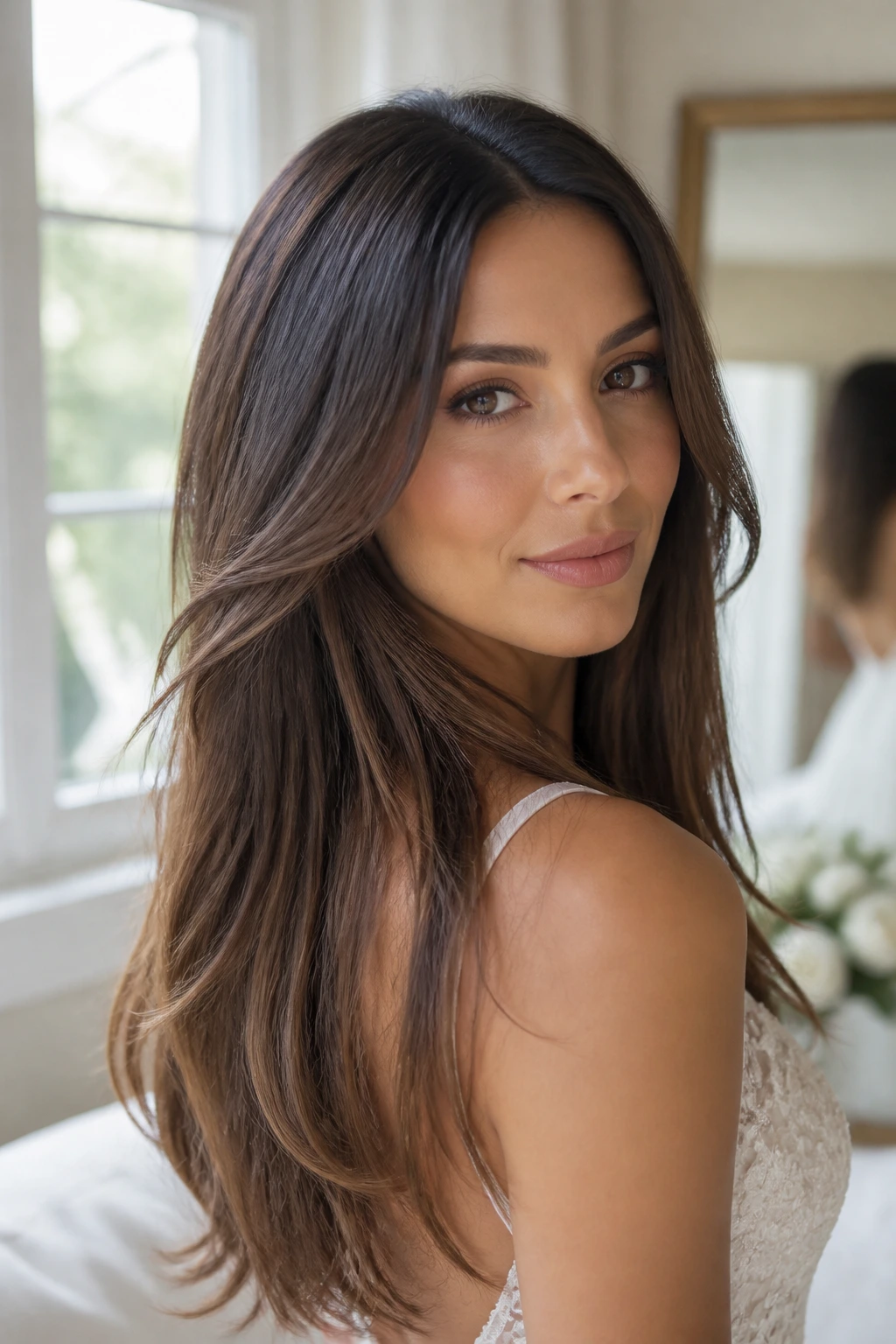 Close-up of a bride's long hair showing subtle invisible layers and movement.
