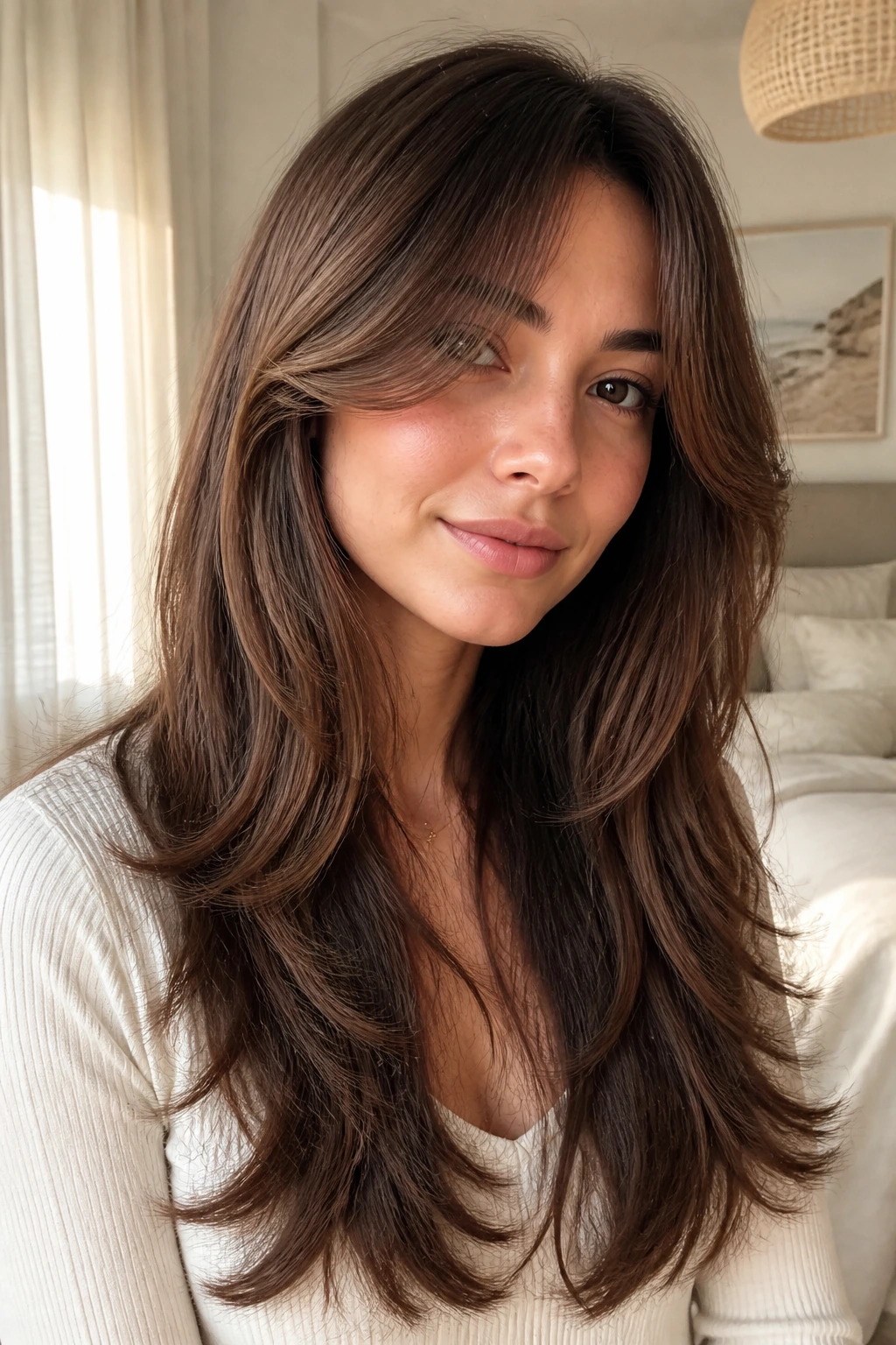 Portrait of a woman with long cascading layers and curtain bangs.