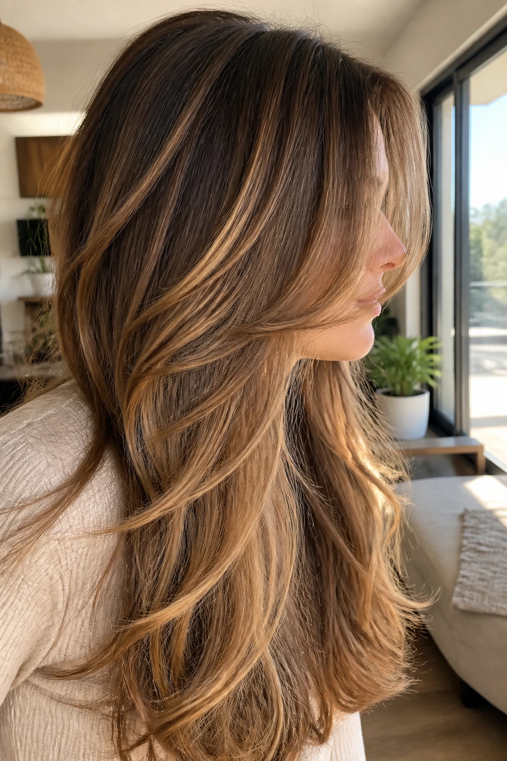 Close-up of long hair with cascading layers and honey balayage in warm daylight.
