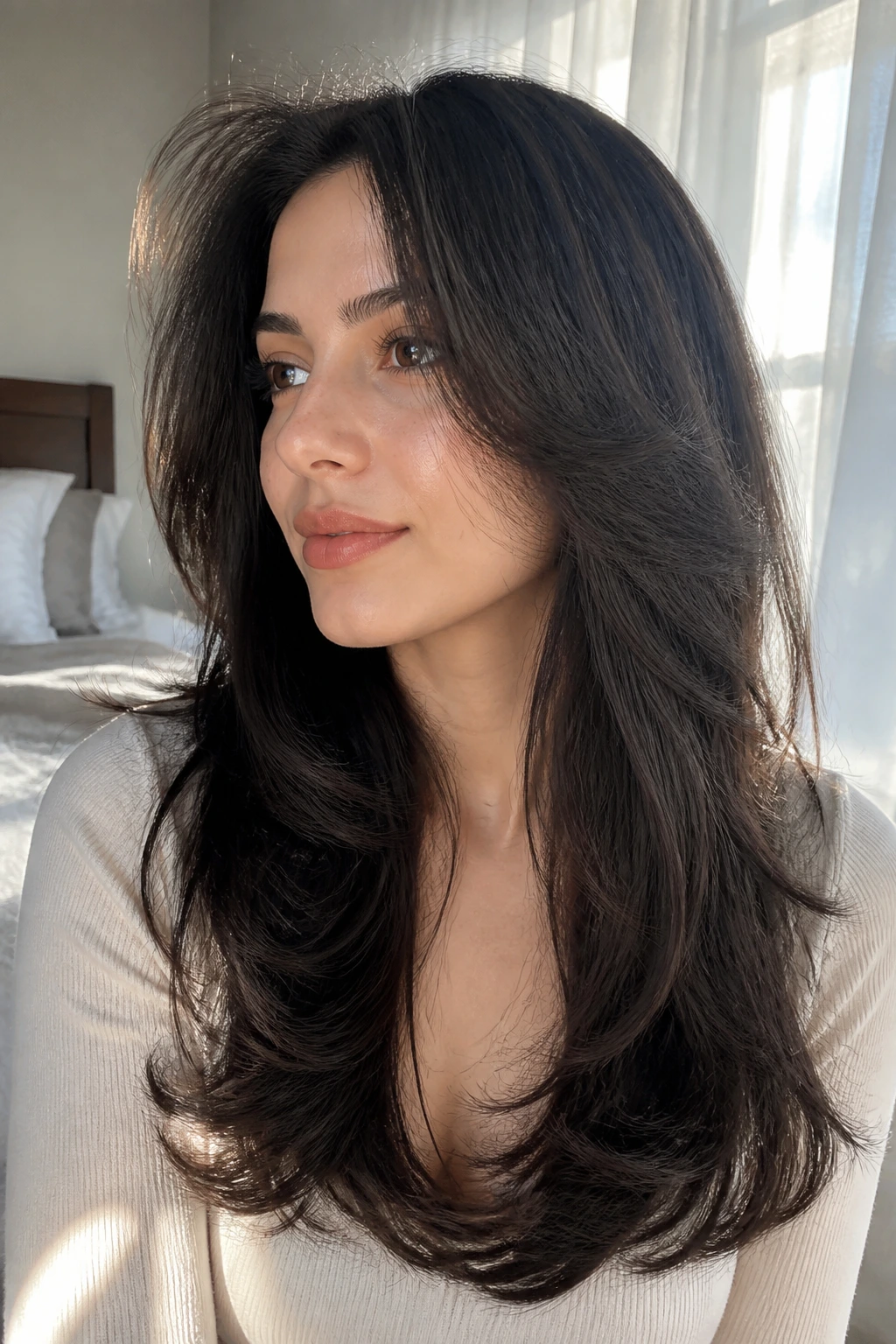Close-up of long layered hair in a sunlit bedroom setting