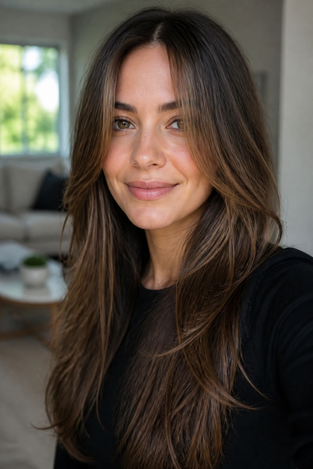 Close-up of a real person with long layered hair worn softly for growth-friendly look