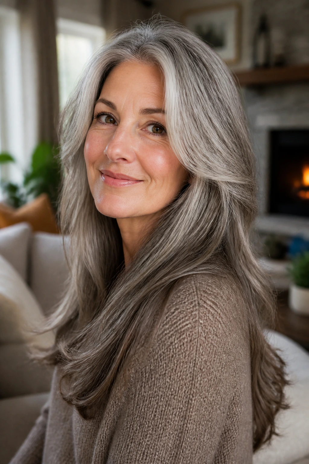 Close-up of an older woman with long, softly layered hair in warm, natural window light