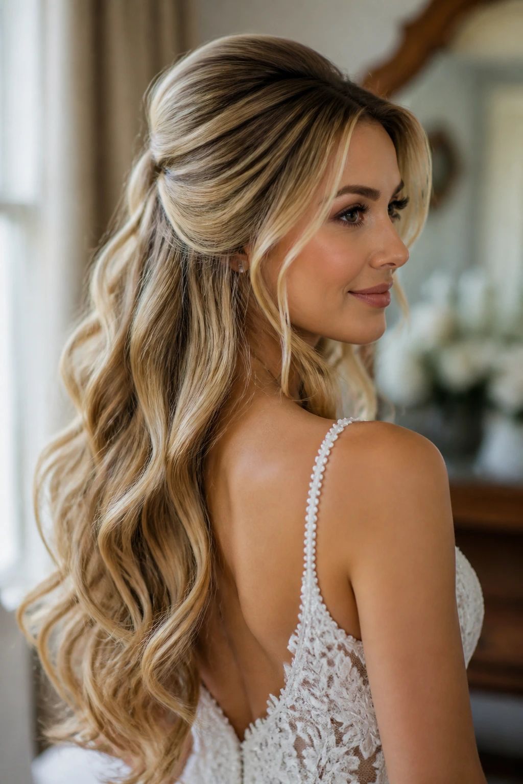 Close-up of a bride with long hair styled for lift and soft waves