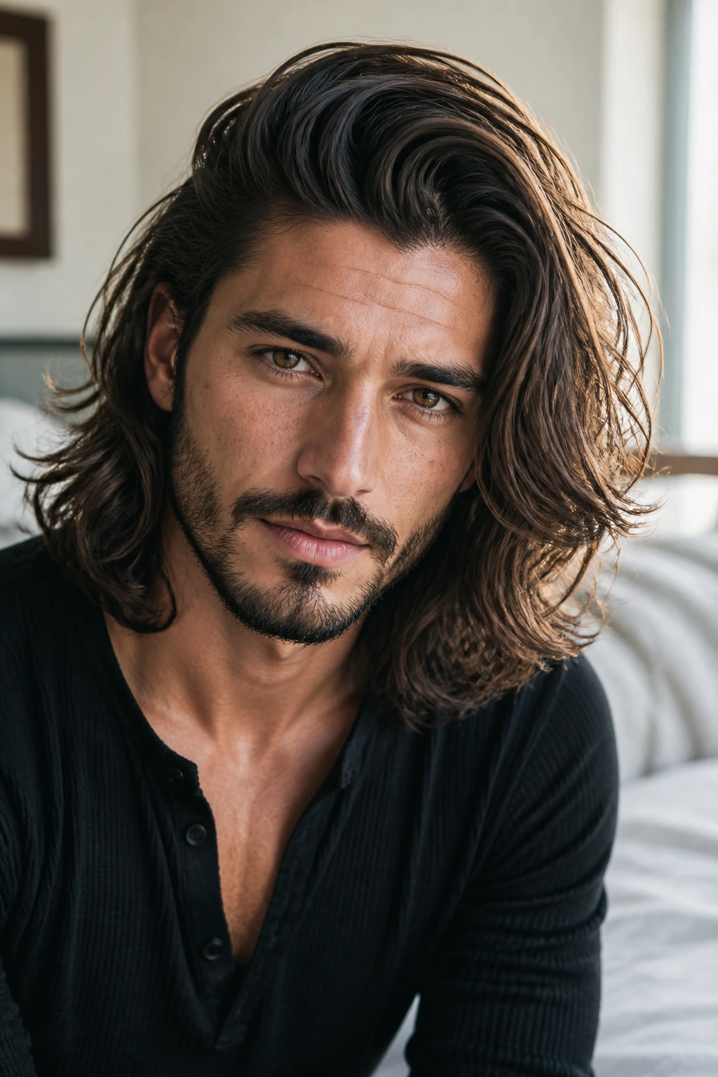Close-up portrait of a man with long, polished hair in natural window light