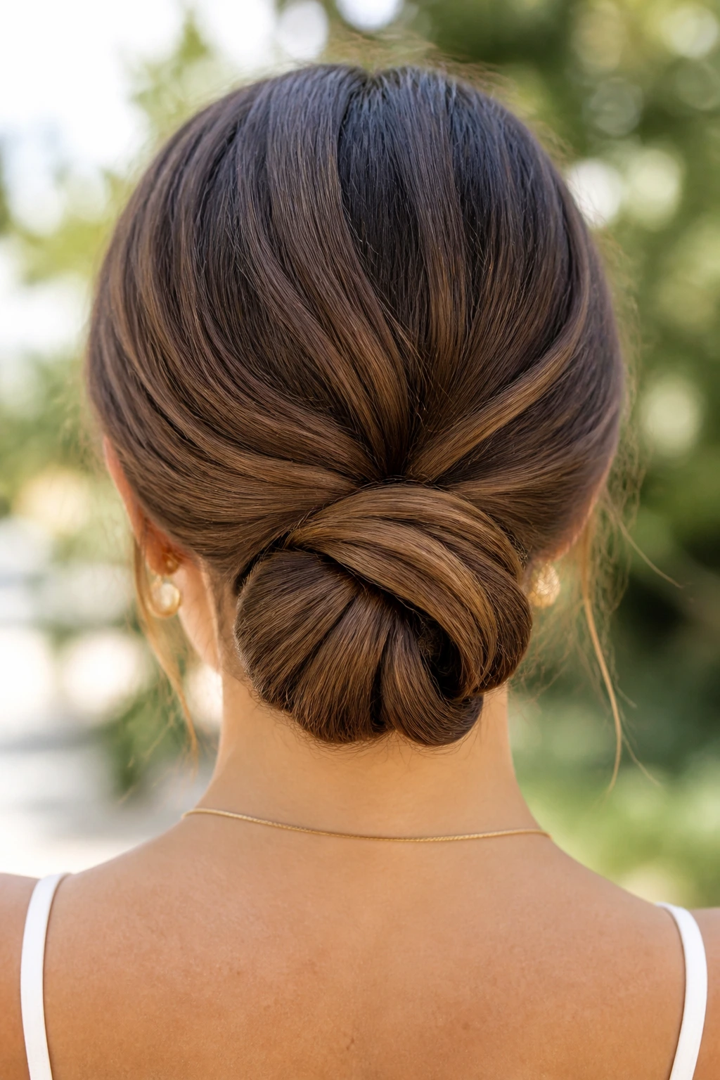 Back view of a real woman with a loop bun at the nape outdoors