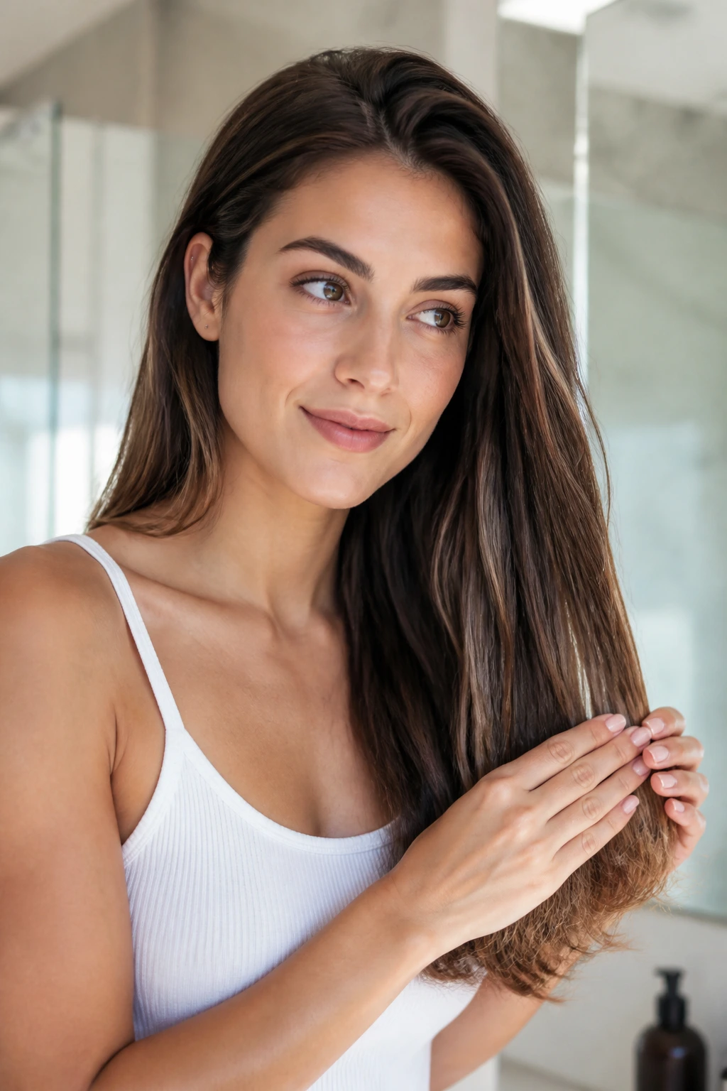 Woman grooming long hair at home to maintain shape