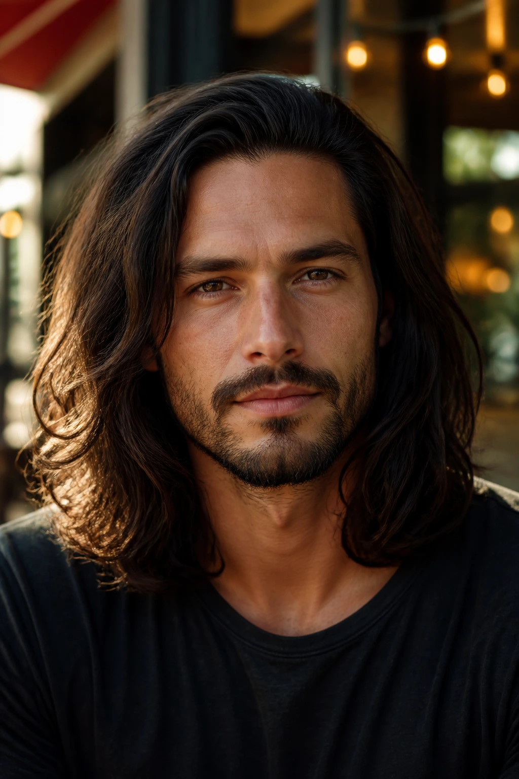 Close-up portrait of a real man with long, intentional hairstyle in warm outdoor light.