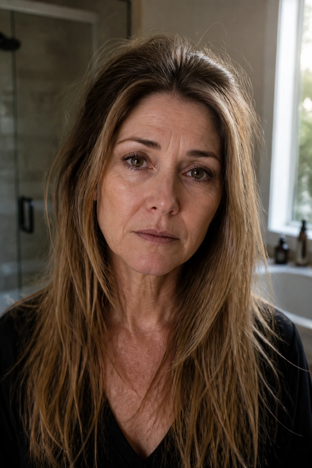 Close-up of long hair with flat crown and dull ends on a real woman