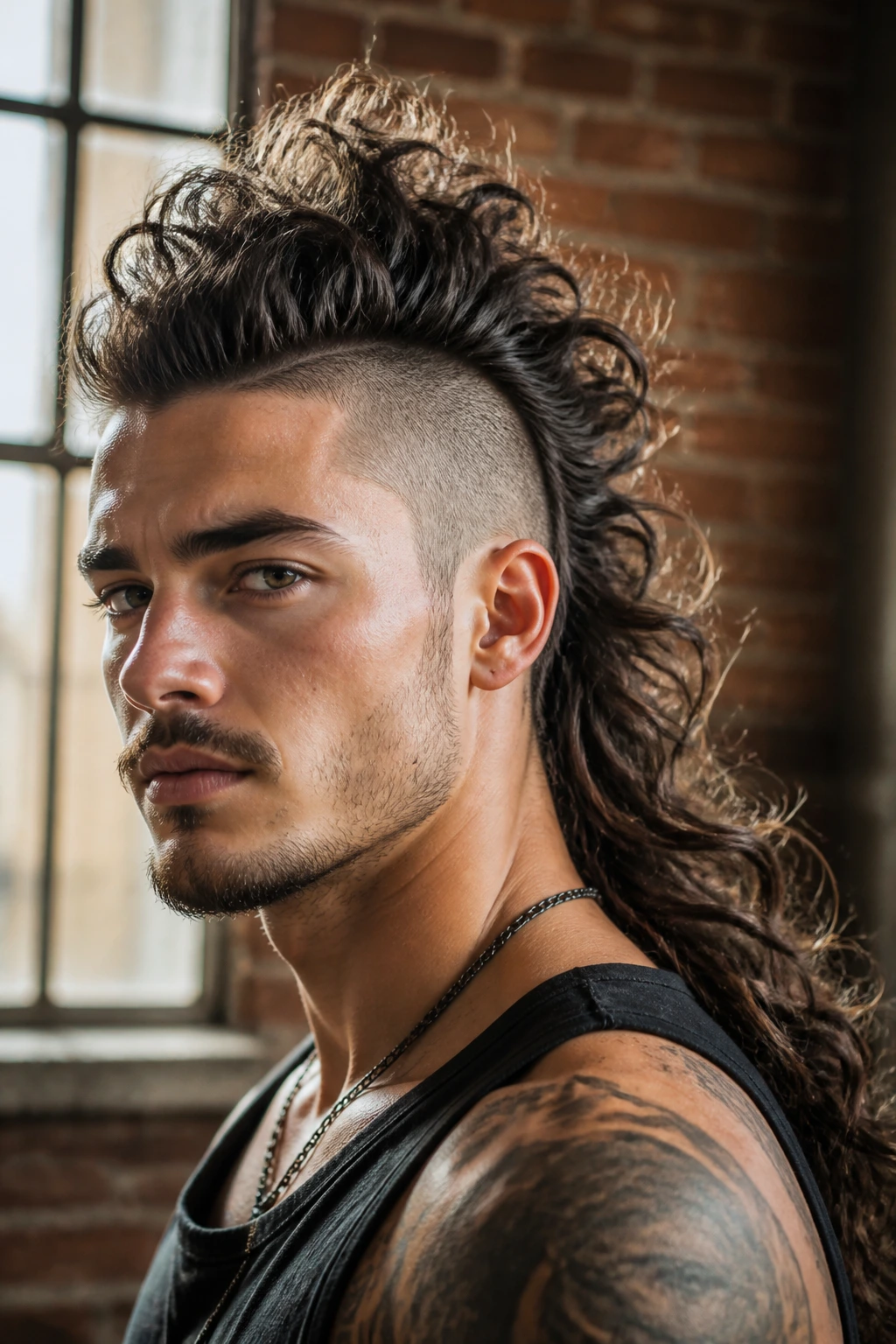 Close-up of a real person with a dramatic long-hair mohawk ridge in an urban loft.