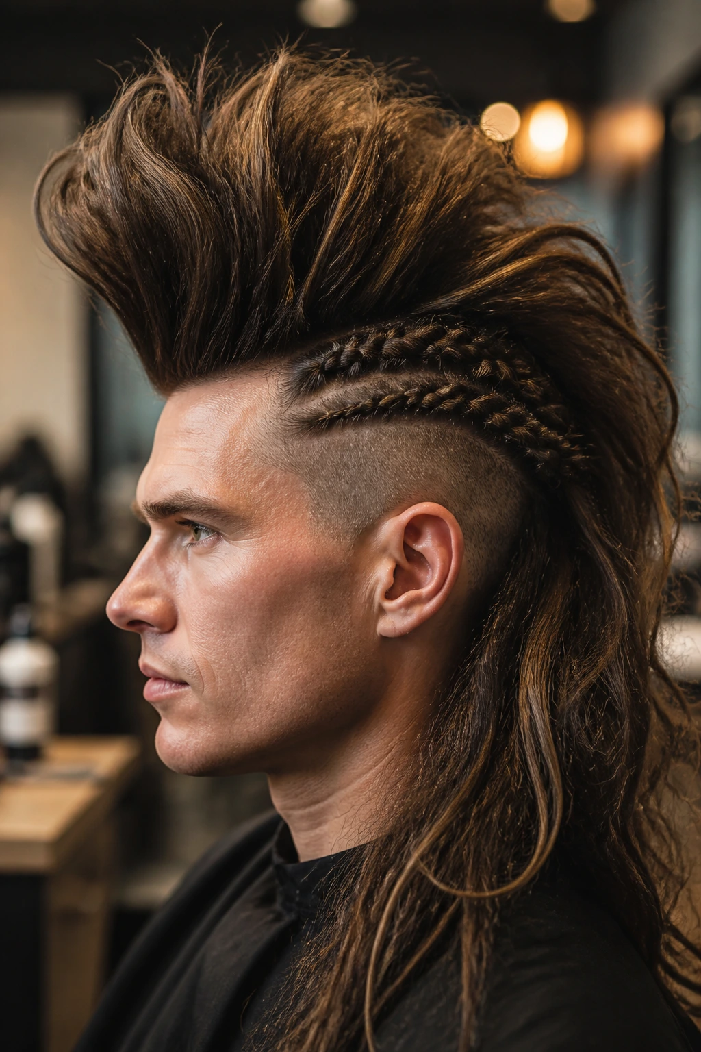Close-up portrait of a real person with a long mohawk in a salon