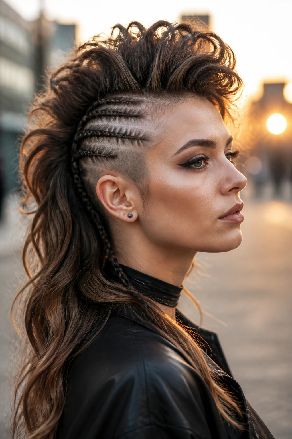 Portrait of a woman with a long-hair mohawk showing versatile styling.