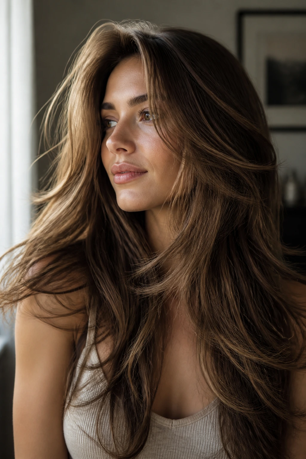 Close-up portrait of a real woman's long layered hair showing movement with lifted front and crown support