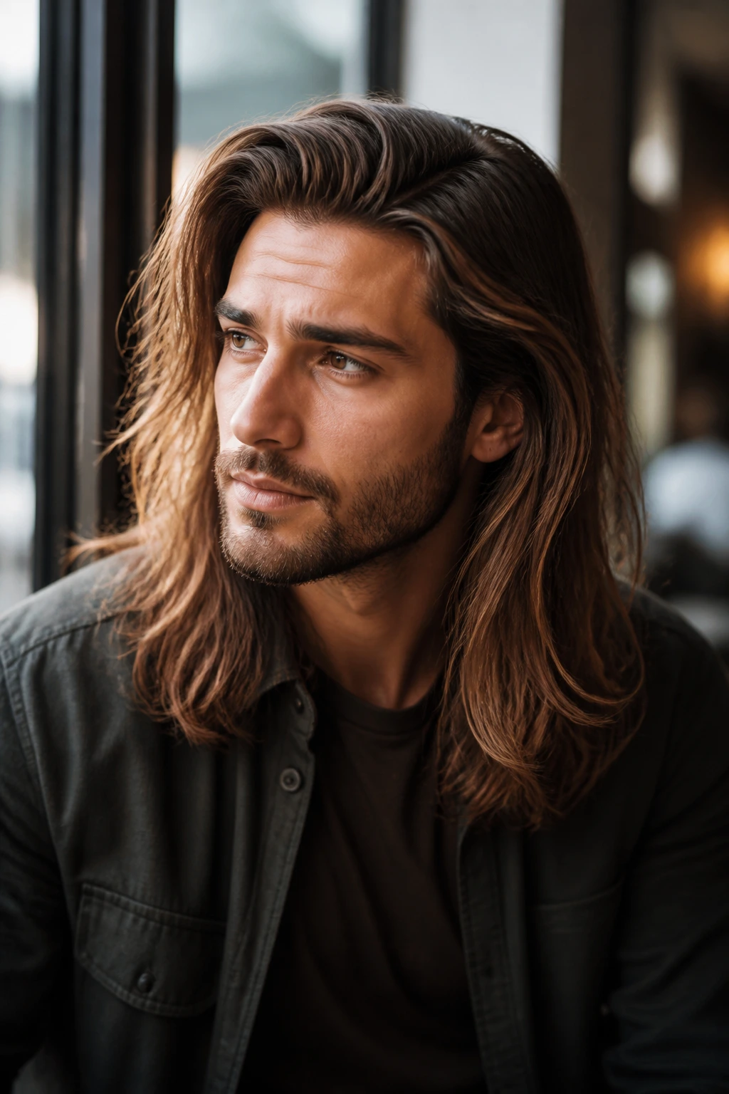 Portrait of a man with neatly styled long hair at a cafe window