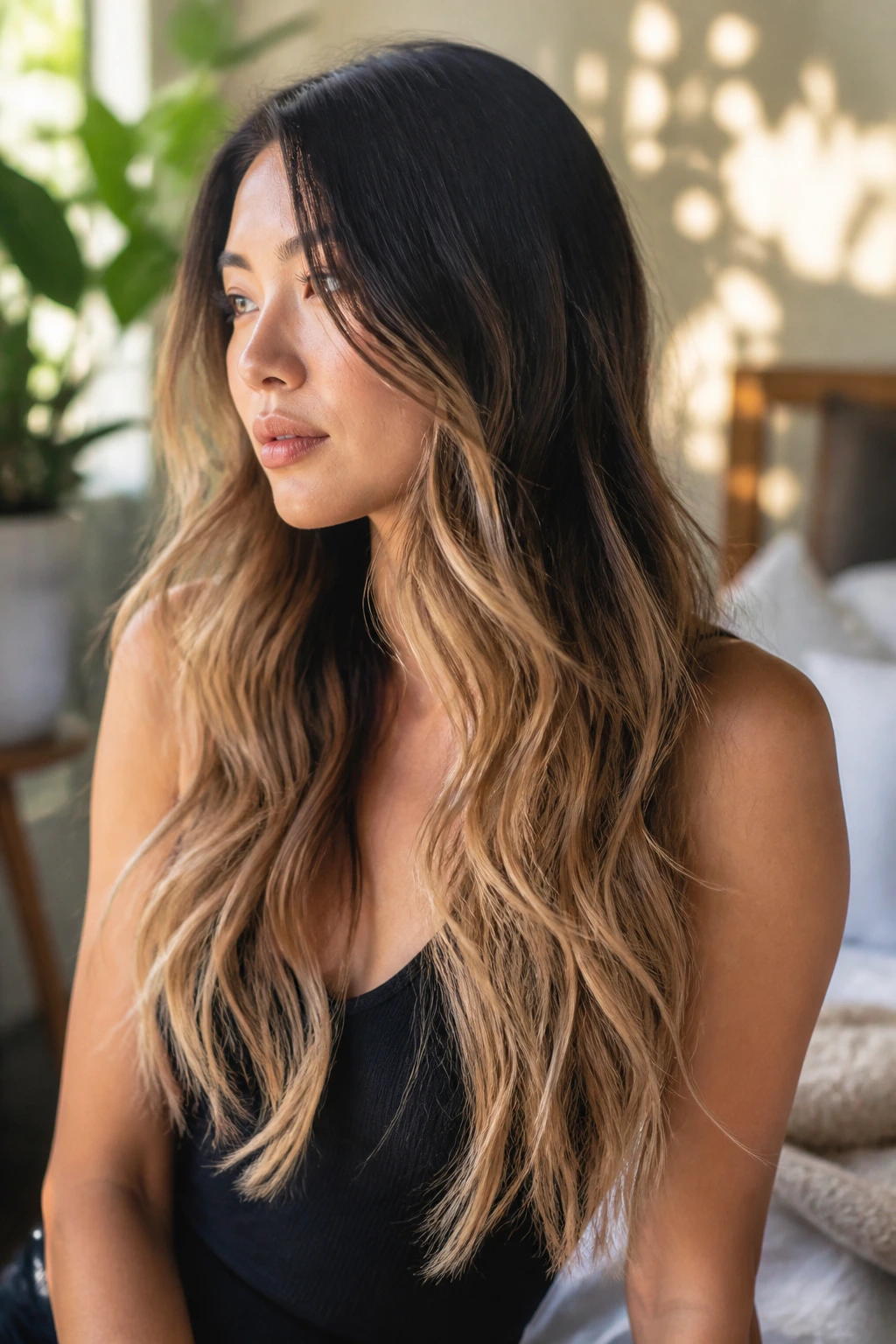 Close-up of long ombre hair with breathing room framing