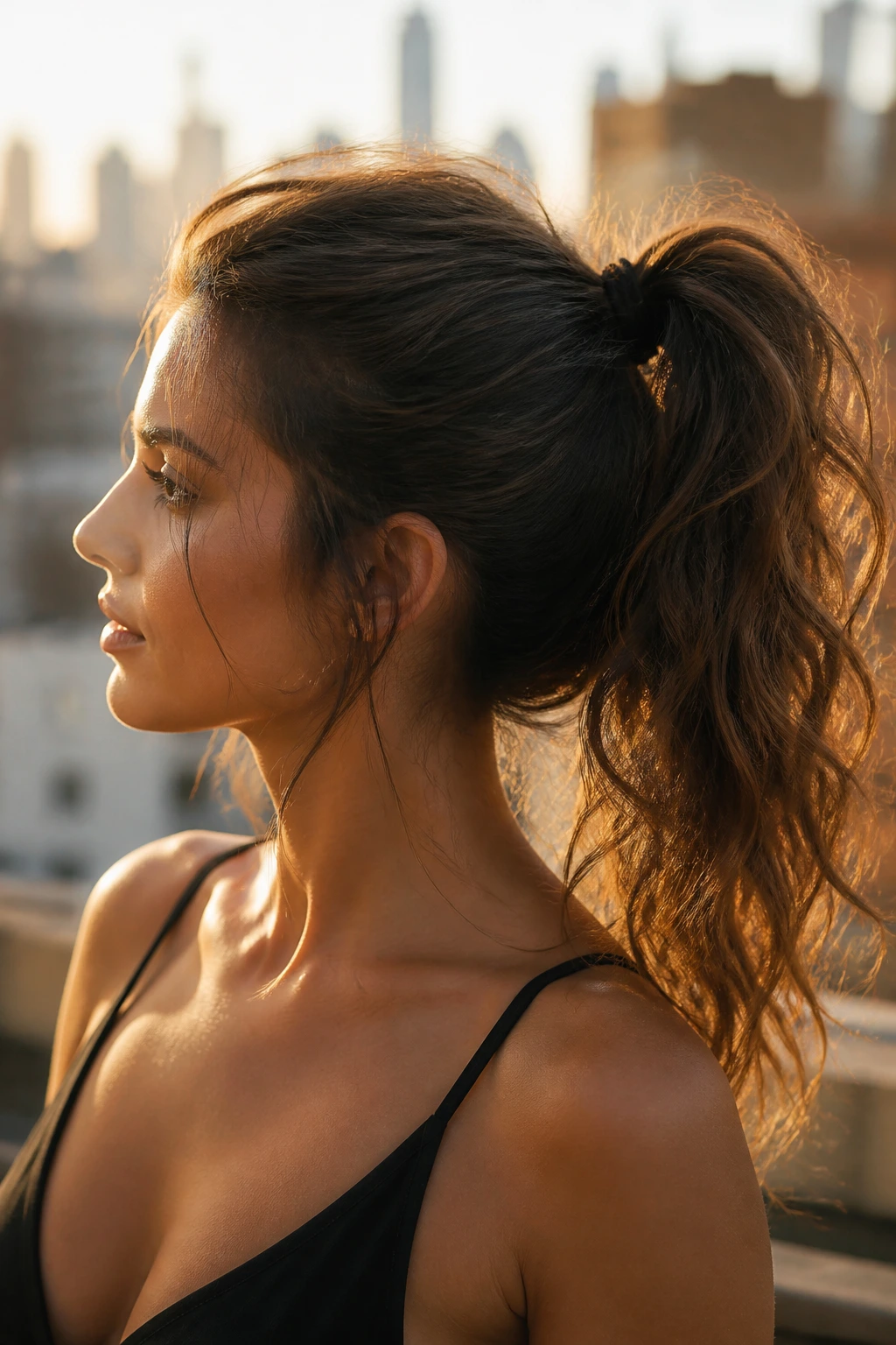 Long hair messy ponytail real woman close-up portrait