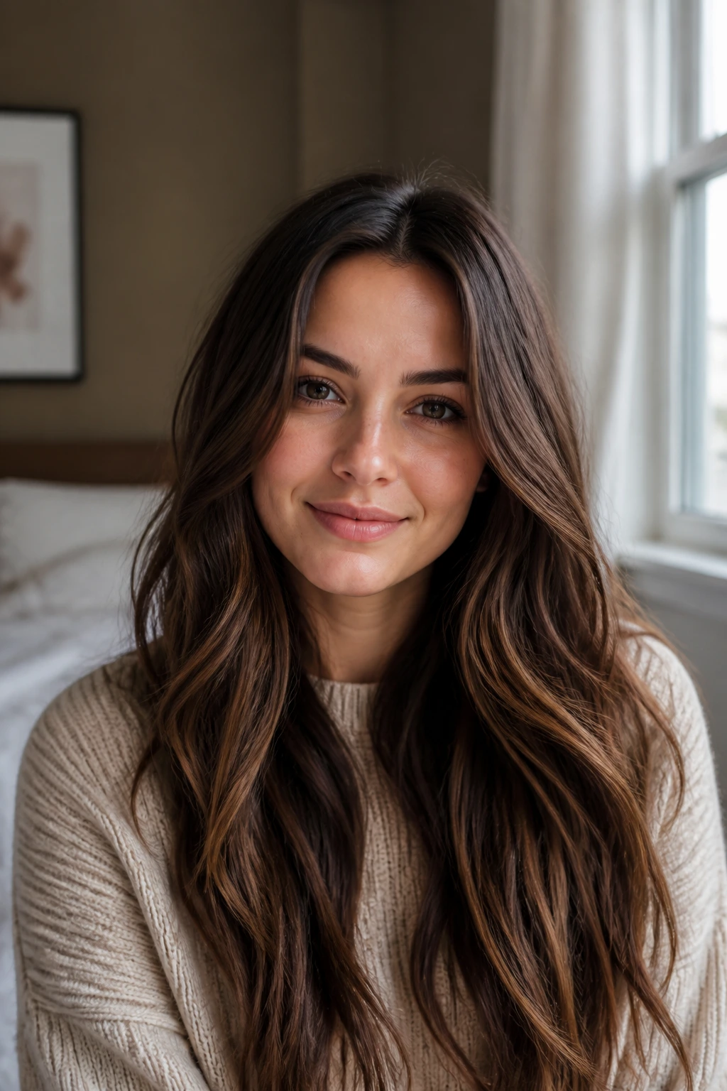 Close-up of a real woman with long flowing hair past the shoulders in a softly lit bedroom