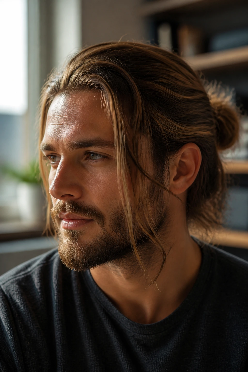 Close-up portrait of a man with long hair pulled back and loose front pieces, in warm window light.