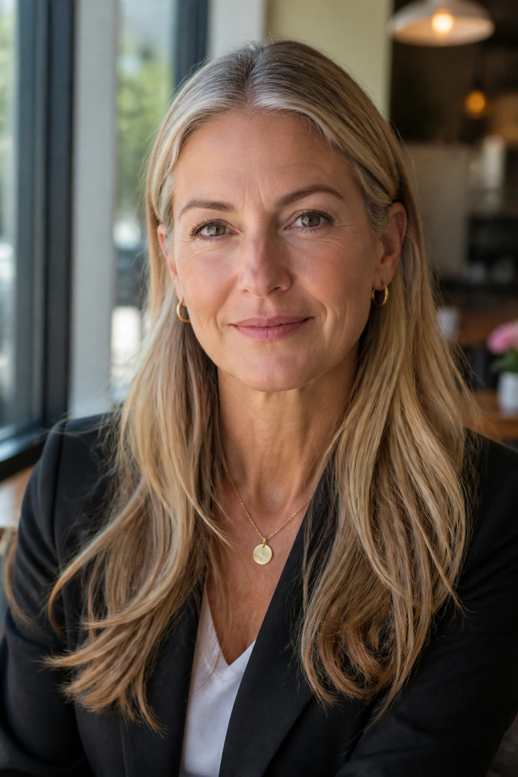 Portrait of a woman with long hair tucked behind her ears in a blazer by a bright window